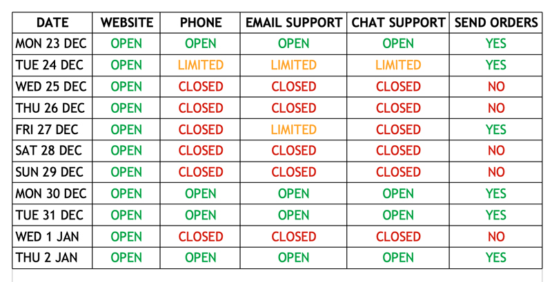 Hurtle Gear 2019 Christmas Hours