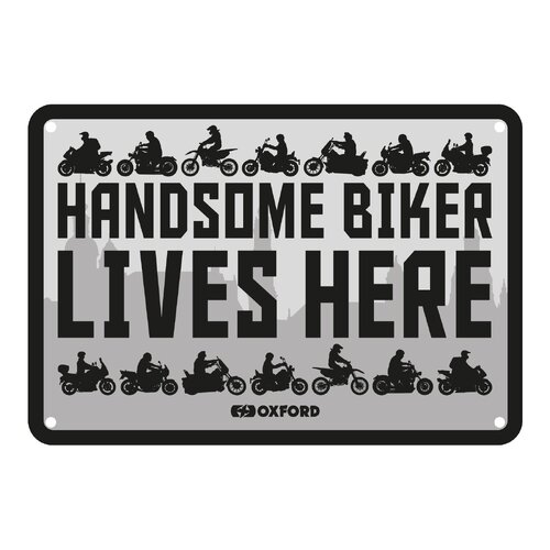 Oxford Garage Metal Sign: "Handsome Biker Lives Here"